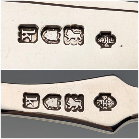 1904 年英國古董白色珍珠手柄純銀刀片 2 對甜點餐具 William Hutton